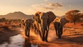 African elephant herd walking in nature tranquil sunset beauty generated by AI Royalty Free Stock Photo