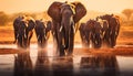 African elephant herd walking in the sunset generated by AI Royalty Free Stock Photo