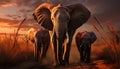 African elephant herd walking in the sunset on the savannah generated by AI Royalty Free Stock Photo