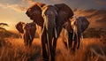 African elephant herd walking in the sunset on the savannah generated by AI Royalty Free Stock Photo