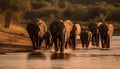 African elephant herd walking towards waterhole at sunset safari generated by AI Royalty Free Stock Photo