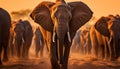 African elephant herd walking in tranquil savannah generated by AI Royalty Free Stock Photo