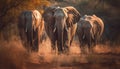 African elephant herd walking in tranquil savannah at sunset generated by AI Royalty Free Stock Photo