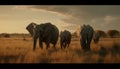 African elephant herd walking in tranquil savannah at sunset generated by AI Royalty Free Stock Photo