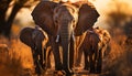 African elephant herd walking in tranquil savannah at sunset generated by AI Royalty Free Stock Photo