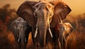 African elephant herd walking in tranquil savannah at sunset generated by AI Royalty Free Stock Photo