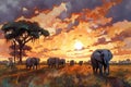 African Elephant in Savannah on Sunset, Africa Landscape With Elephants, Watercolor Imitation Royalty Free Stock Photo