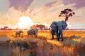 African Elephant in Savannah on Sunset, Africa Landscape With Elephants, Watercolor Imitation Royalty Free Stock Photo