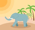 African elephant walks through the desert, a landscape of sultry day in the desert sand and palm trees. Vector