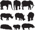 African elephant,white rhinoceros and hippo silhouette contour