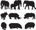 African elephant,white rhinoceros and hippo silhouette contour