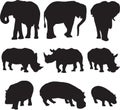 African elephant,white rhinoceros and hippo silhouette contour