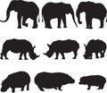 African elephant,white rhinoceros and hippo silhouette contour