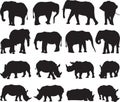 African elephant and white rhinoceros silhouette contour