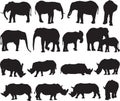 African elephant and white rhinoceros silhouette contour