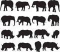 African elephant and white rhinoceros silhouette contour