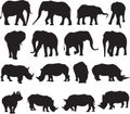 African elephant and white rhinoceros silhouette contour