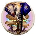 African Elephant, Acacias and Kilimanjaro Mountain on Soft Pastel Rainbow Round Background Vector Illustration