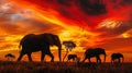 African Elephants Roaming in Fiery Sunset