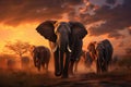 African elephants at sunset, Kruger National Park, South Africa, Herd of elephants in the savanna at sunset, AI Generated Royalty Free Stock Photo
