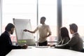 African employee makes presentation on flipchart share thoughts with teammates