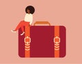 African entrepreneur woman sits on a big handbag with confidence and proud. Black businesswoman with a business briefcase.