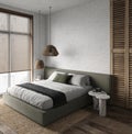 African ethnic style bedroom interior design apartment. Bed with dark green color blanket. Rustic simple mockup space Royalty Free Stock Photo