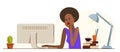 African ethnicity girl office worker pensive concentrated on her work vector flat illustration isolated, serious attentive worker