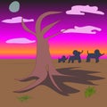 African evening landscape with baobab and elephant family Royalty Free Stock Photo