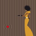 African fashion Abstract silhouette of an African woman with curly hair in a long yellow dress with black polka dots and