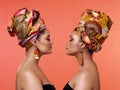 African fashion, beauty and profile of women on orange background with cosmetics, makeup and accessories. Glamour