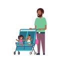African father beard baby sister brother twins double stroller full length avatar on white background, successful family