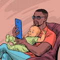 african Father and caucasian child, homework and fatherhood. Love and care