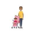 African father daughter baby in stroller full length avatar on white background, successful family concept, flat cartoon