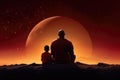 African Father And Son Sit In A Tracksuits On The Big Moon Background