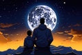 African Father And Son Sit In A Tracksuits On The Big Moon Background