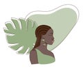 African female body silhouette with simple shapes and monstera leaf. Vector illustration in flat design