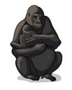 African female gorilla with baby-gorilla sitting isolated in cartoon style