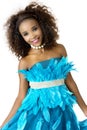 African Female Model Wearing Turquoise Feathered Dress, Big Afro