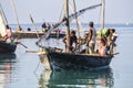 African fishermen on the boat. Coast of Zanzibar island