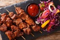 African food: spicy suya kebab on skewers with fresh vegetable s Royalty Free Stock Photo