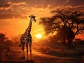 African giraffe eating in sunset