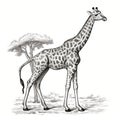 African Giraffe Illustration Charming Character In Black And White Grayscale