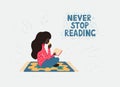 An african girl with a dark curly hair in a bright clothing sitting in the lotus position on the carpet and reading a