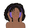 African girl with eyes closed and a smile listening to music in headphones on white background