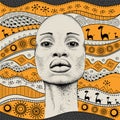 African Girl with African hand draw ethno pattern, tribal background. Beautiful black woman. Profile view. Vector illustration