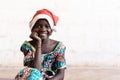 African Girl Happily Smiling in Christmas Hat Portrait with Copy Space