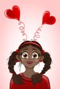 African girl with heart hair band. Valentine\'s day card