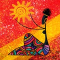 African girl holds the sun digital painting artwork on red abstract background illustration Royalty Free Stock Photo