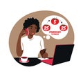 African girl manager working with computer using time management. Pomodoro technique concept. Vector. Flat Royalty Free Stock Photo